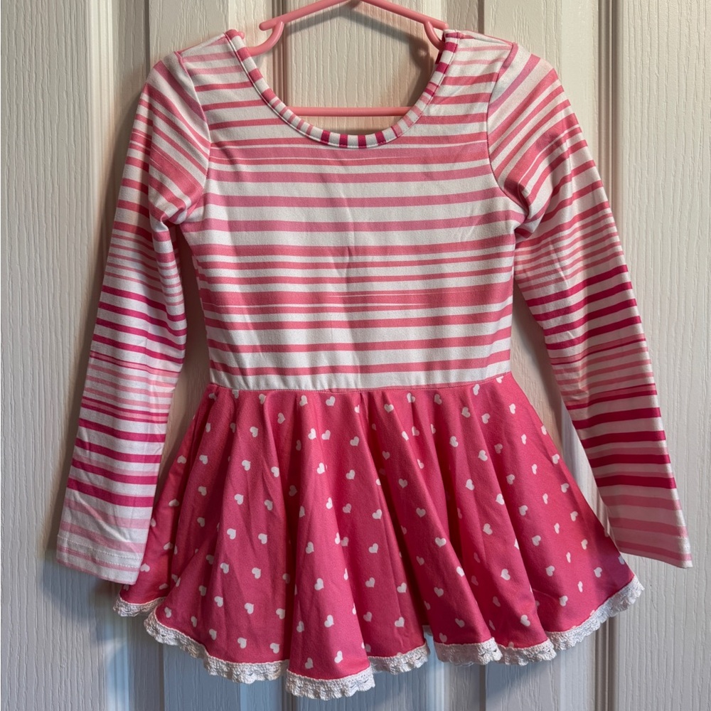 Pink Striped Long Sleeve Dress with Heart Pattern